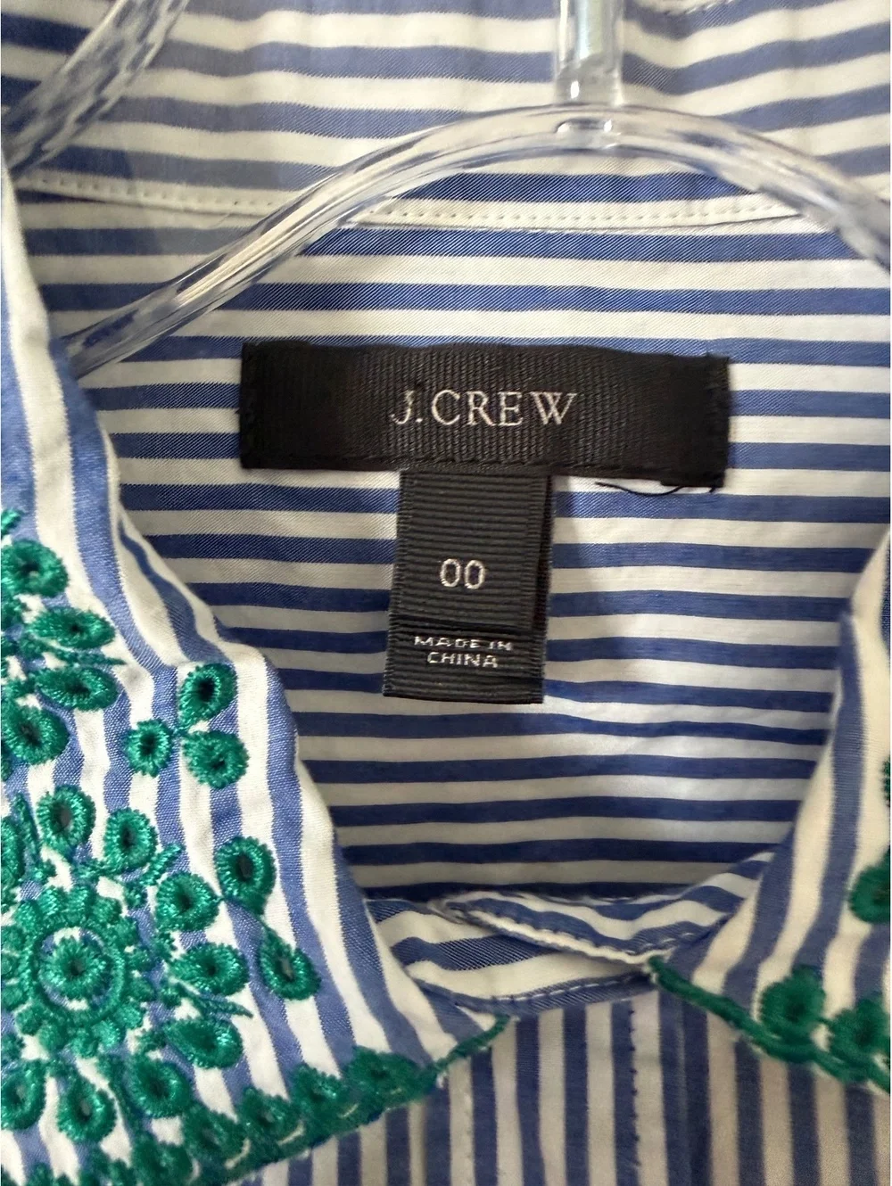 J. Crew Blue/White Striped Long Sleeve Button Up Embroidered Trim Shirt Size 00
